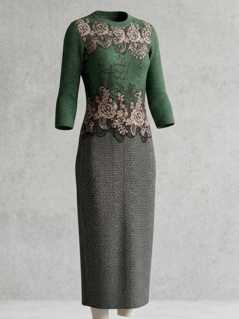 Vintage style Y2K wagon Paris Green Midi Dress with Cream Lace Appliqué size M